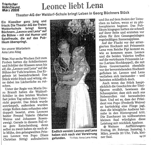 Trierischer Volksfreund, 00.03.2008, Theater-AG spielt "Leonce und Lena"