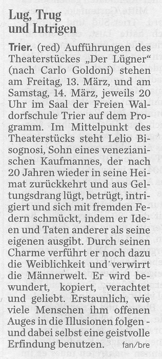 Trierischer Volksfreund, 12.03.2009, Klassenspiel "Der Lügner"