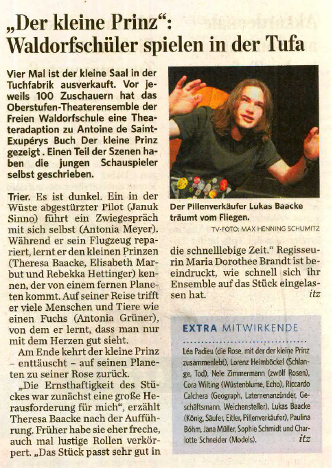 Trierischer Volksfreund, 02.04.2011, "Der kleine Prinz" wurde in der TUFA gespielt