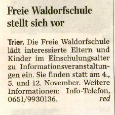 Trierischer Volksfreund, 27.10.2011, Infoveranstaltung zur Ersten Klasse