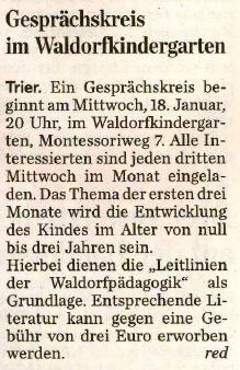 Trierischer Volksfreund, 16.01.2012, Gesprächskreis im Kindergarten