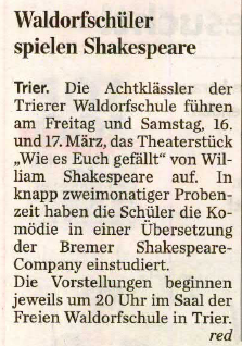 Trierischer Volksfreund, 13.03.2012, Schüler spielen "Wie es Euch gefällt"