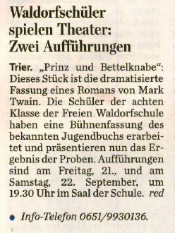Trierischer Volksfreund, 21.09.2012, Schüler spielen "Prinz und Bettelknabe"