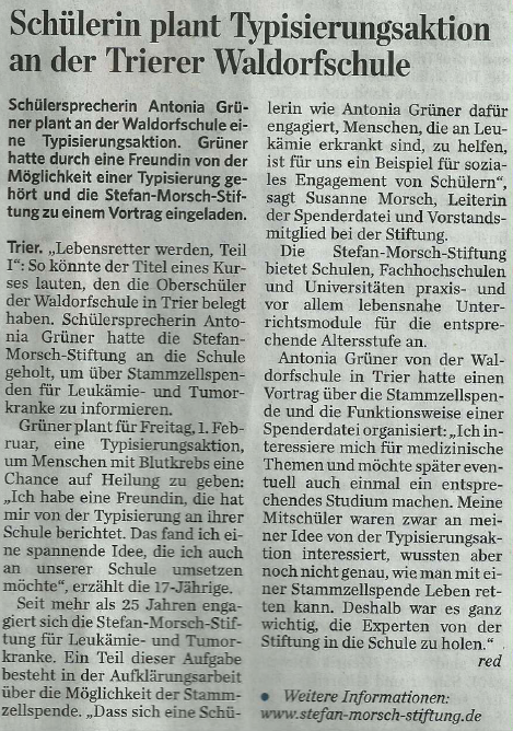Trierischer Volksfreund, 30.01.2013, Typisierungsaktion an der Schule