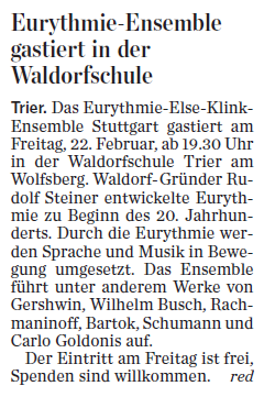 Trierischer Volksfreund, 21.02.2013, Eurythmieensemble gastiert