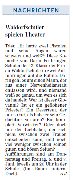Trierischer Volksfreund, 05.06.2013, Schüler spielen Theaterstück von Dario Fo