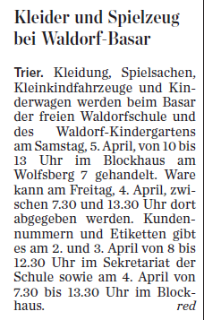 Trierischer Volksfreund, 31.03.2014, Spielzeug- und Kleiderbasar