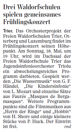 Trierischer Volksfreund, 17.05.2014, Gemeinsames Frühlingskonzert