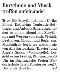 Trierischer Volksfreund, 18.06.2015, Eurythmie und Musik