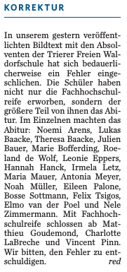 Trierischer Volksfreund, 09.07.2015, Korrektur zum Artikel 'Abschlussfeier an der Schule'