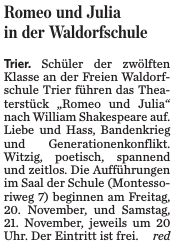 Trierischer Volksfreund, 19.11.2015, Klassenspiel "Romeo und Julia"