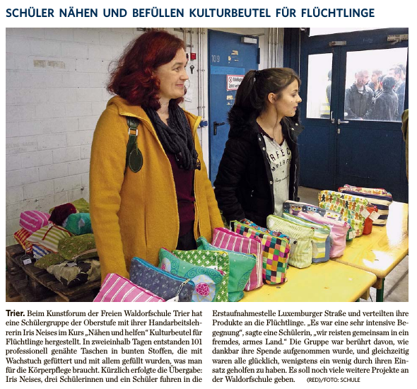 Trierischer Volksfreund, 08.01.2016, Kulturbeutel für Flüchtlinge