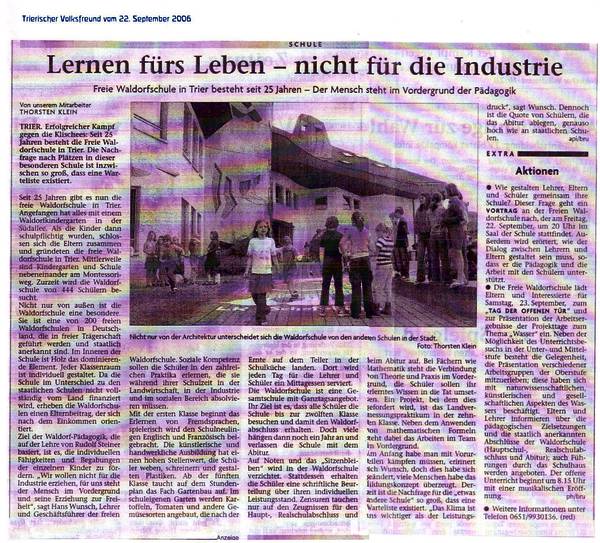 Trierischer Volksfreund, 22.09.2006, 25 Jahre FWS Trier