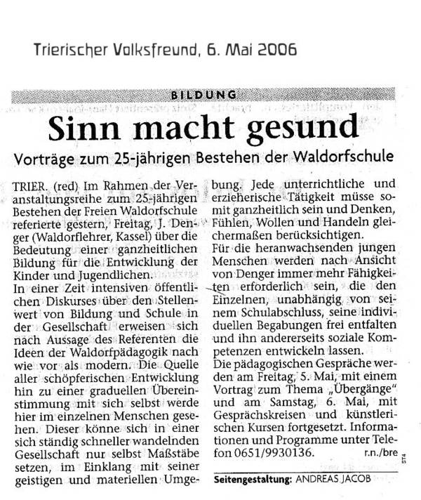 Trierischer Volksfreund, 06.05.2006, Vorträge zum 25. Jährigen der Schule