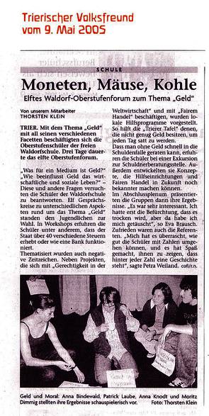 Trierischer Volksfreund, 09.05.2005, Oberstufenforum zum Thema "Geld"