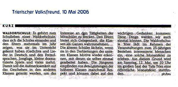 Trierischer Volksfreund, 10.05.2006, Monatsfeier in der TUFA