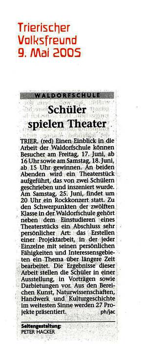 Trierischer Volksfreund, 16.06.2005, Jahresprojekte der 12. Klasse