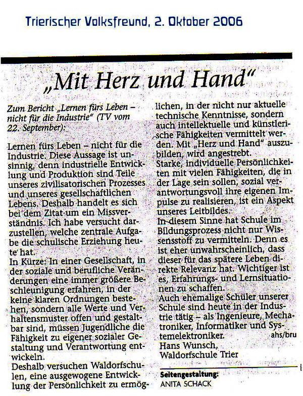 Trierischer Volksfreund, 02.10.2006, Leserbrief zu "25 Jahre FWS Trier"