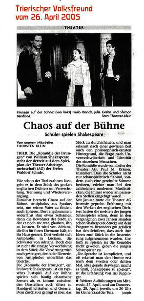 Trierischer Volksfreund, 26.04.2005, Schüler spielen Shakespeare
