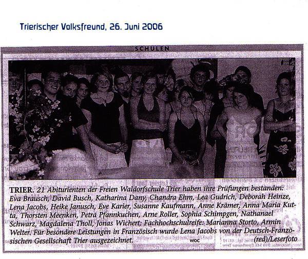 Trierischer Volksfreund, 26.06.2006, Abitur an der Waldorfschule