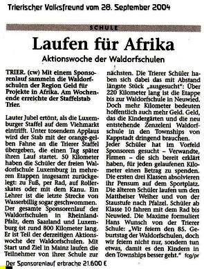 Trierischer Volksfreund 28.09.2004, Laufen für Afrika