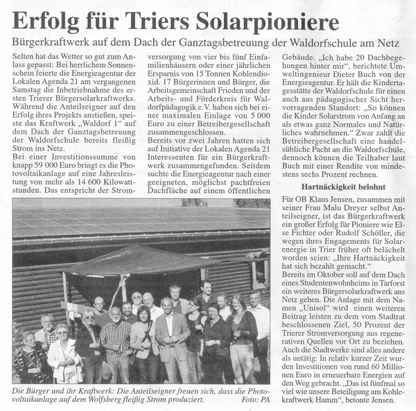 Rathauszeitung Trier, 29.09.2009, Bürgerkraftwerk ans Netz gegangen