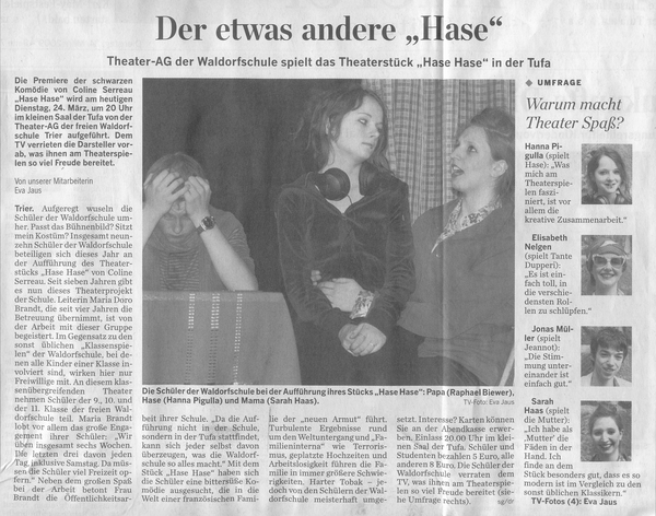 Trierischer Volksfreund, 24.03.2009, Theater-AG spielt "Hase Hase"