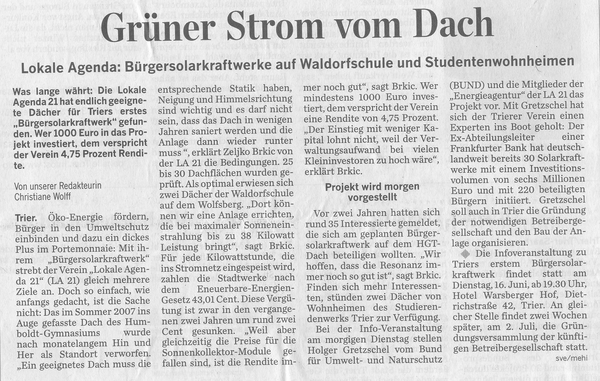 Trierischer Volksfreund, 15.06.2009, Bürgersolarkraftwerk auf Schule