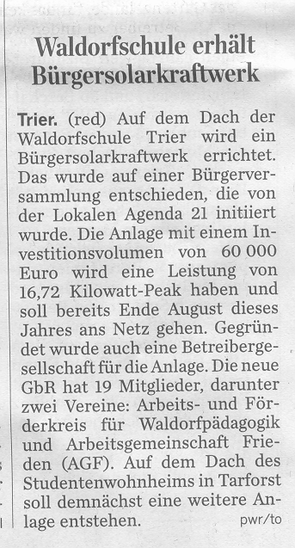 Trierischer Volksfreund, 11.07.2009, Schule erhält Bürgersolarkraftwerk