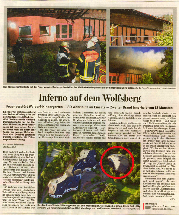 Trierischer Volksfreund, 28.07.2009, Brand des Kindergartens
