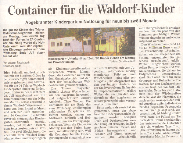 Trierischer Volksfreund, 22.08.2009, Kindergarten in Containern