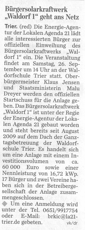 Trierischer Volksfreund, 24.09.2009, Waldorf I geht ans Netz