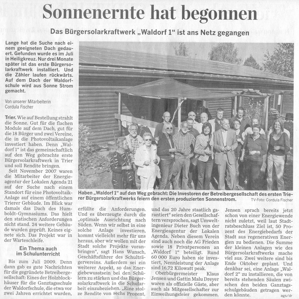 Trierischer Volksfreund, 29.09.2009, Waldorf I ans Netz gegangen