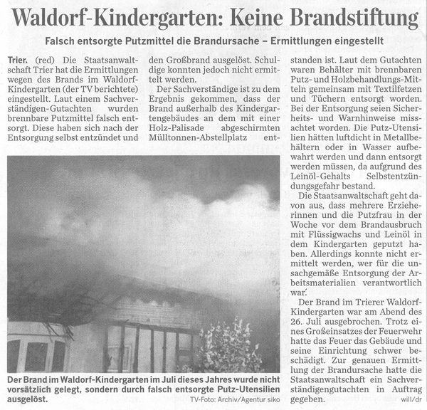 Trierischer Volksfreund, 26.11.2009, Keine Brandstiftung bei Kindergarten