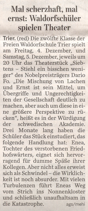 Trierischer Volksfreund, 02.12.2009, Zwölfte Klasse spielt Theaterstück