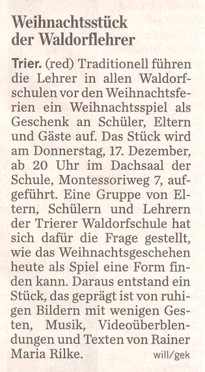 Trierischer Volksfreund, 14.12.2009, Weihnachtsspiel der Lehrer