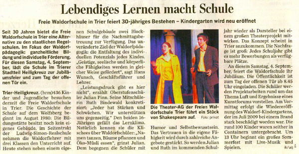 Trierischer Volksfreund, 03.09.2010, Waldorfschule feiert 30. jähriges Jubiläum