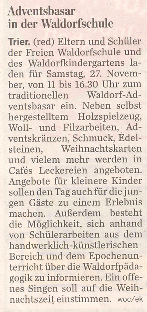 Trierischer Volksfreund, 25.11.2010, Adventsbasar