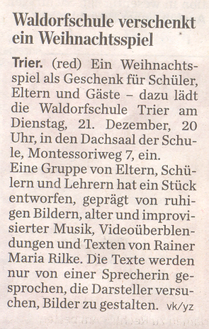 Trierischer Volksfreund, 20.12.2010, Schule spielt Weihnachtsspiel