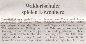 Trierischer Volksfreund, 21.01.2011, Schüler spielen Musical "Löwenherz"