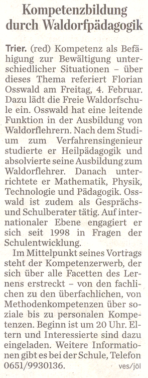 Trierischer Volksfreund, 02.02.2011, Pädagogisches Wochenende