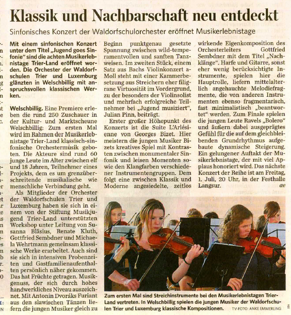 Trierischer Volksfreund, 19.05.2011, Sinfonisches Konzert in Welschbillig