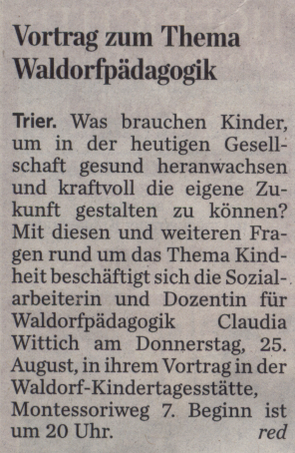 Trierischer Volksfreund, 24.08.2011, Vortrag zum Thema "Kindheit"