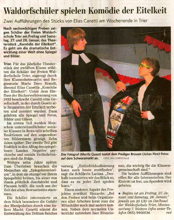 Trierischer Volksfreund, 26.01.2012, Zwölfte Klasse spielt "Komödie der Eitelkeit"