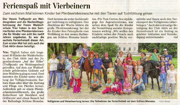 Trierischer Volksfreund, 31.07.2012, Angebot einer Pferdeerlebniswoche