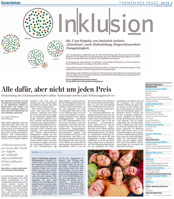 Trierischer Volksfreund, 23.05.2014, Inklusion an Schwerpunktschulen