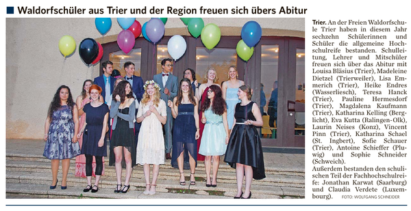 Trierischer Volksfreund, 14.06.2016, Waldorfschüler freuen sich übers Abitur