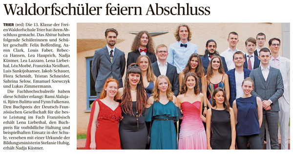 Trierischer Volksfreund, 25.06.2019, Abschluss an der Schule